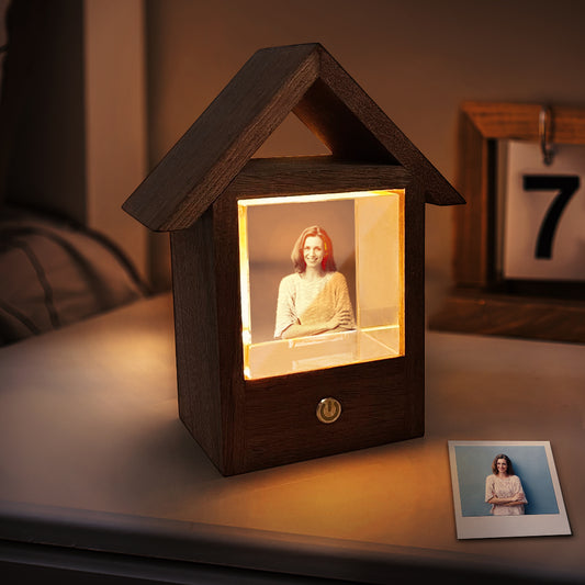 Luce notturna per casa in legno con lampada fotografica in cristallo 3D personalizzata